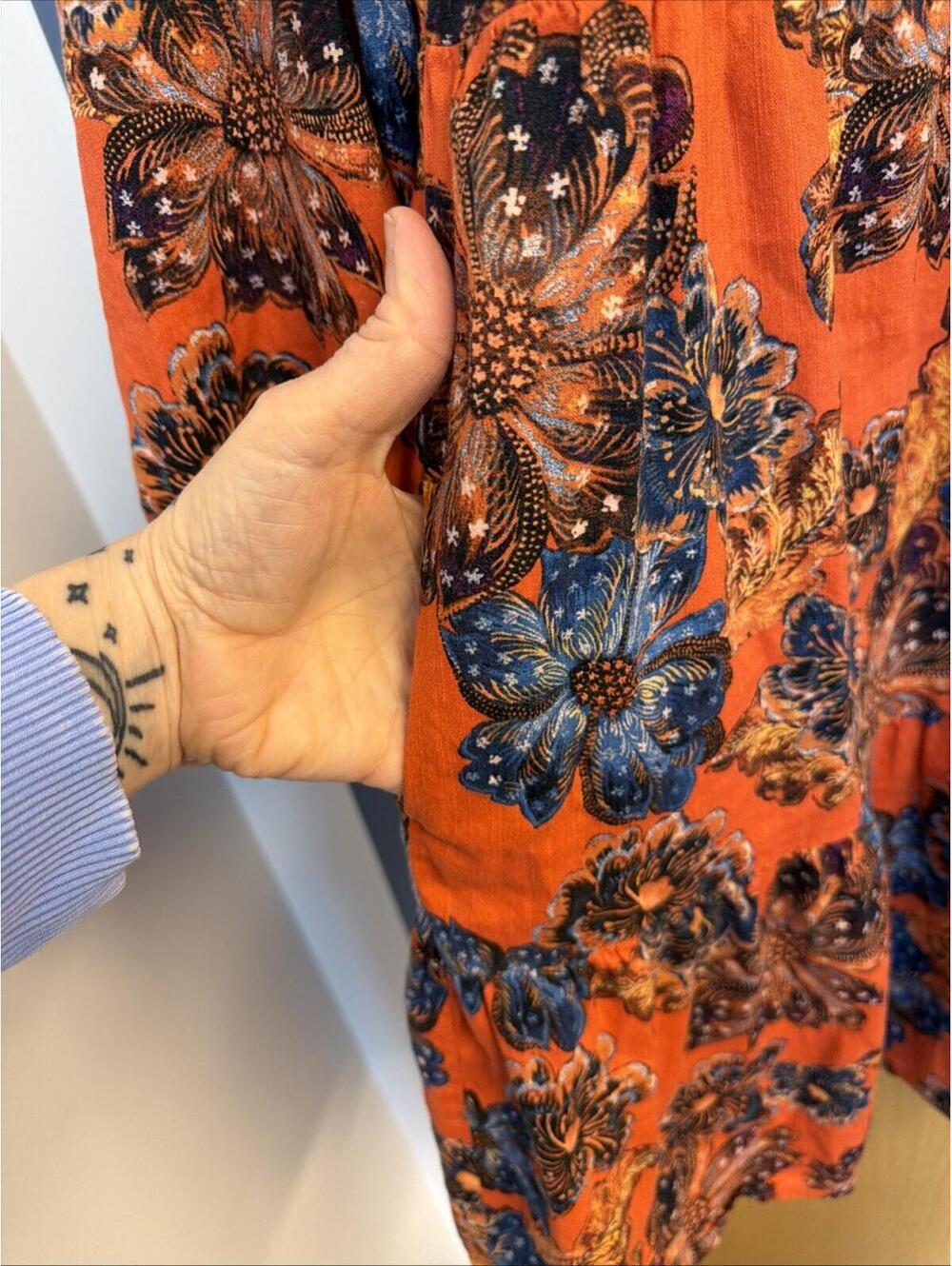 Old Navy Orange floral swing dress Lace Tie Neck Sz L Petite Pockets Boho Flowy - Picture 5 of 10